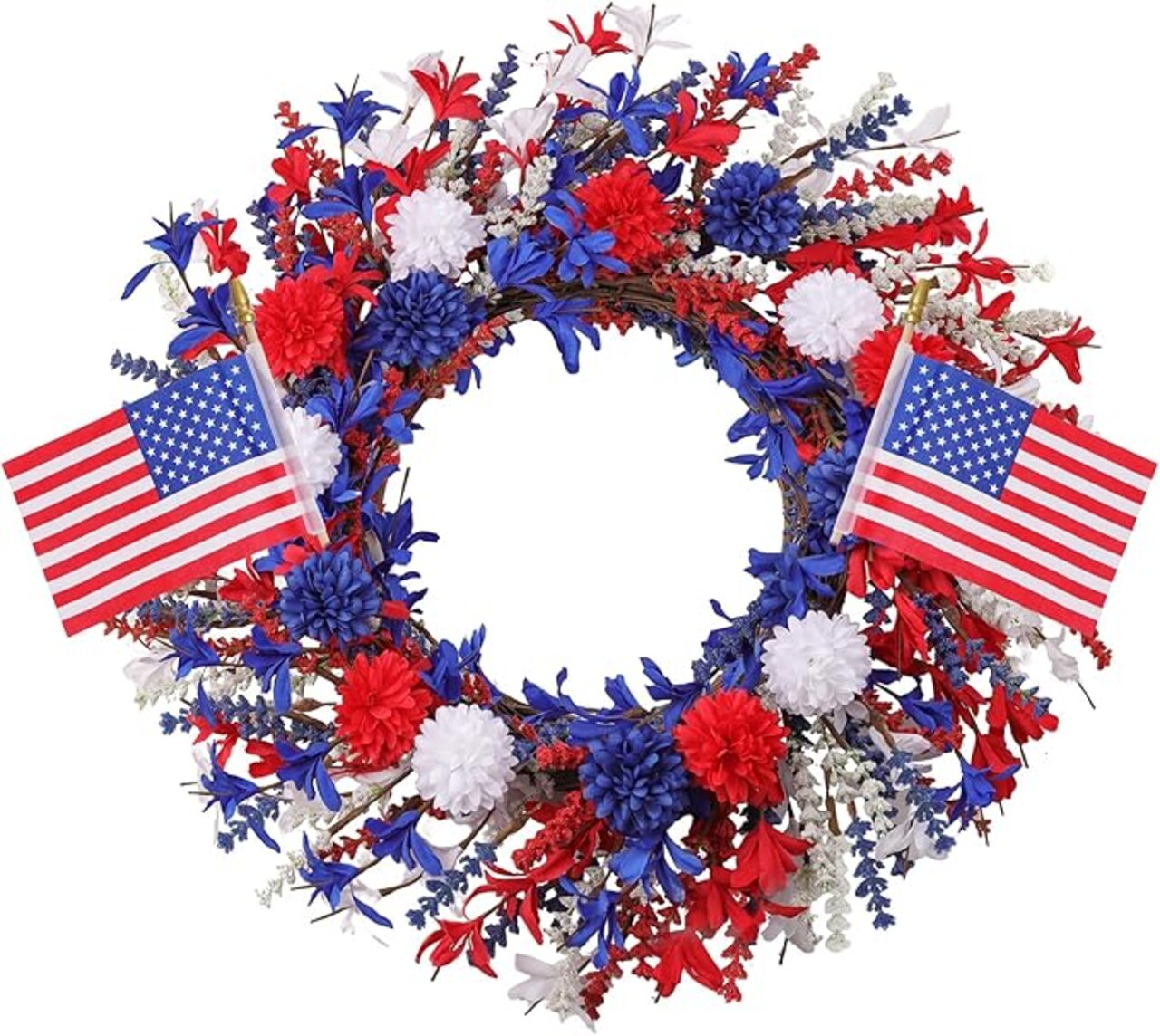 22 Inch Patriotic Wreath for Front Door, Red White Blue Berry Grapevine Wreath with Stars & Bow for July 4th, Memorial Day & Independence Day Decorations